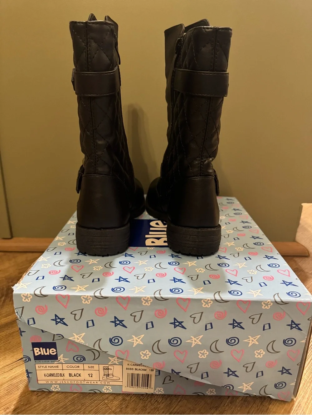 Kids Black Quilted Shaft Mid-Calf Boots with Buckle Accents